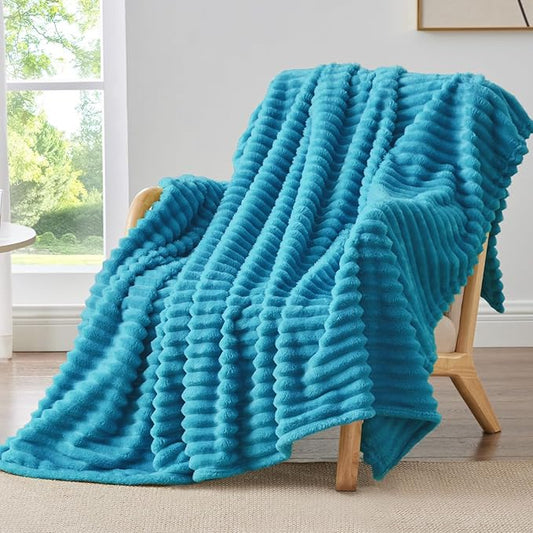 BEDELITE Fleece Throw Blanket for Couch - 300GSM Soft & Warm Fluffy Teal Blanket, Decorative and Giftable Striped Blankets for Women, Men, 50"x60"