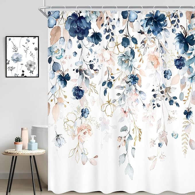 Blue Pink Floral Shower Curtain 72Wx96H Inch Extra Long Flower Watercolor Wildflower Spring Rustic Eucalyptus Leaf Bathroom Set Girl Plant Botanical Bath Curtain Bathtub Accessories Home Decor