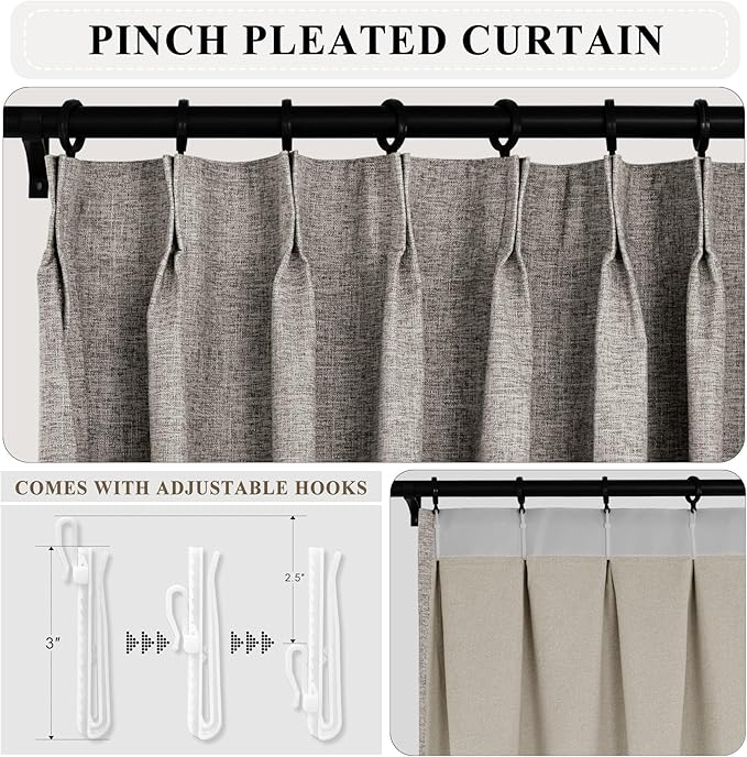 Macochico Blackout Curtains for Bedroom Pinch Pleated Linen Curtains Thermal Insulated White Blackout Window Treatments for Living Room Farmhouse Nursery Retro Grey with Tieback 52" Wx72 L 1 Panel