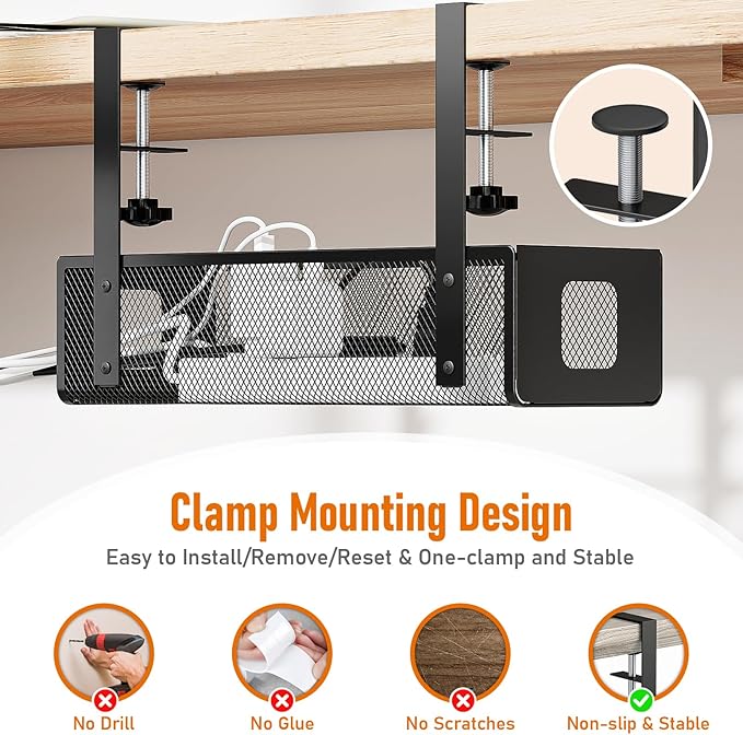 DELAMU Under Desk Cable Management Tray - Cable Management Tray No Drill with F-Clamp Design, Metal Mesh Cord Organizer, Sturdy Wire Organizers for Cords for Home Office Standing Desk, Black