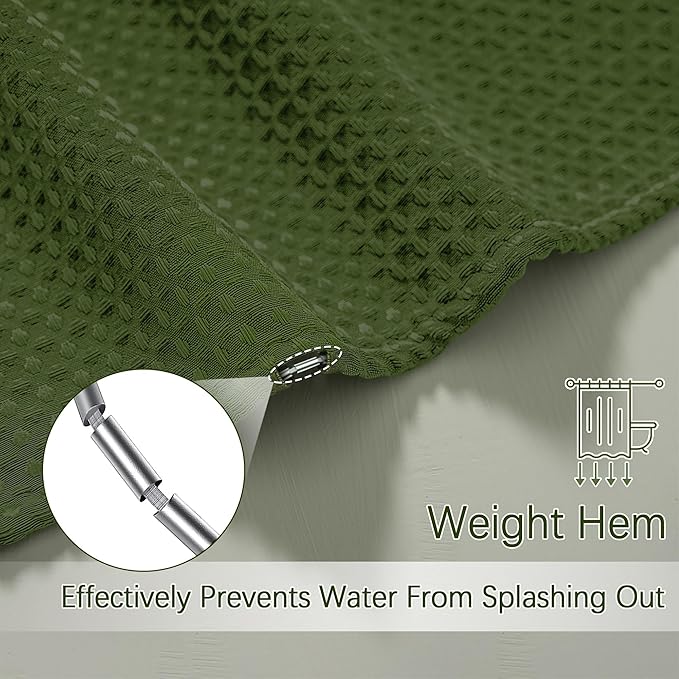 60 inch Waffle Shower Curtain - Heavy Duty Thick Fabric Green Shower Curtains for Bathroom, Weighted Hotel Spa Luxury Water Repellent Cloth Bath Curtain with 10 Hooks, 60Wx72H