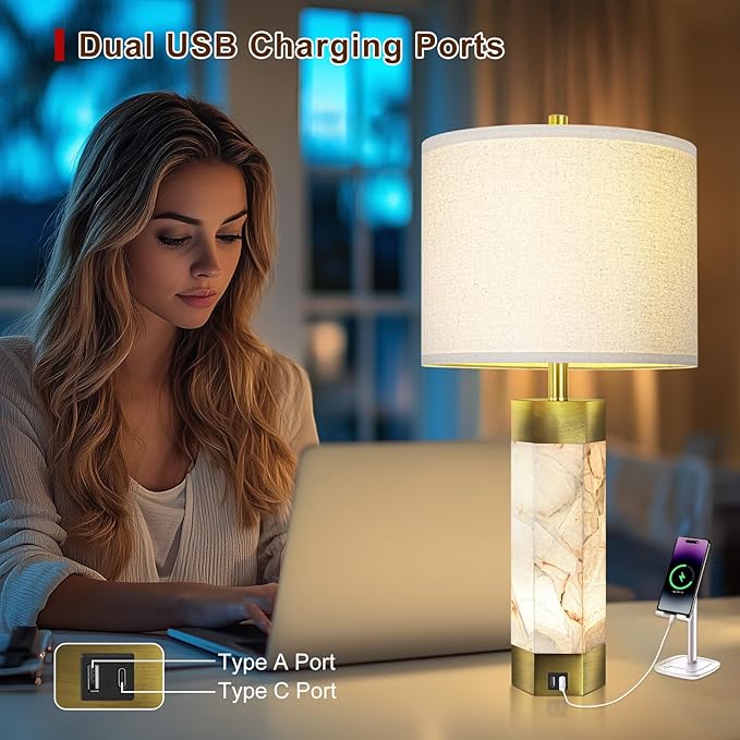 Natural Alabaster Table Lamps Set of 2,Table Lamp with Night Light for Living Room,Nightstand Lamp with USB Ports,Bedside Lamp with Linen Fabric Shade for Bedroom,Living Room,Office,Bar(Bulb Included)