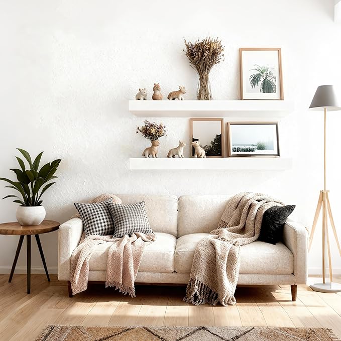 Floating Shelves for Wall(Set of 2)-24 Inch White Wood Wall Shelf with Invisible Brackets for Bathroom,Bedroom,Drawingroom,Kitchen for Decor(White,2pcs)