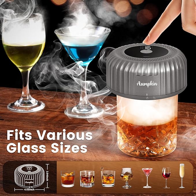 Electric Whiskey Smoker Kit with LED Light & Built-in Lighter, Rechargeable & No Butane Needed, Includes 6 Wood Chips for Old Fashioned Cocktails, Bourbon Whiskey Gifts for Men/Dad/Husband,Grey