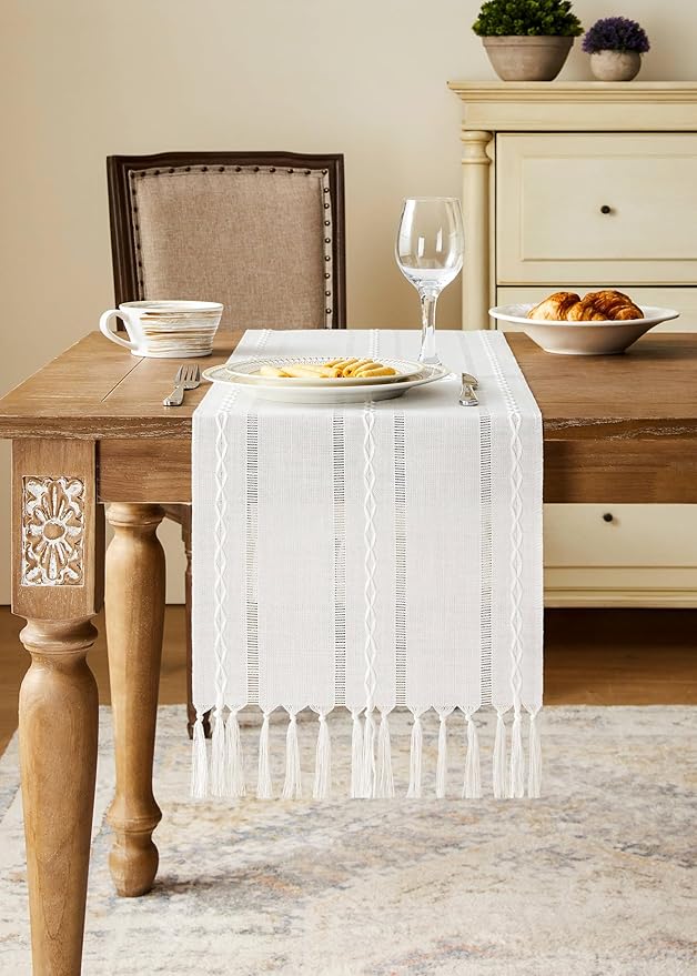 Christmas Table Runner, White 13x60 Inch, Hemstitched Farmhouse Cotton Linen Boho Table Runners 60 Inches Long, Embroidered Striped Rustic Home Decor
