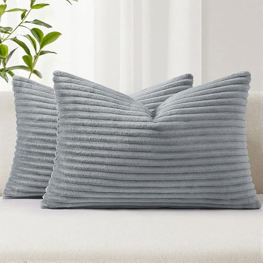 Simmore Decorative Fall Throw Pillow Covers 12x20 Set of 2, Soft Natural Plush Flannel Double-Sided Fluffy Lumbar Pillow Covers for Couch Sofa Living Room, Grey