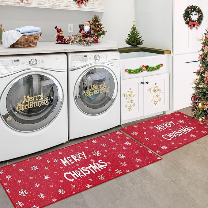 CAROMIO Kitchen Rugs and Mats Washable Non-Skid Kitchen Mats Christmas Decorative Runner Rugs Xmas Throw Floor Mats Runner for Kitchen Laundry Sink, 17"x29"+17"x47"
