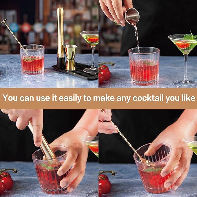 3-Pcs Gold Muddler & Mixing Tools Set, 10" Muddler, 12" Cocktail Spoon & 1 oz/2 oz Double Jigger, Bar Tool Set for Beverages