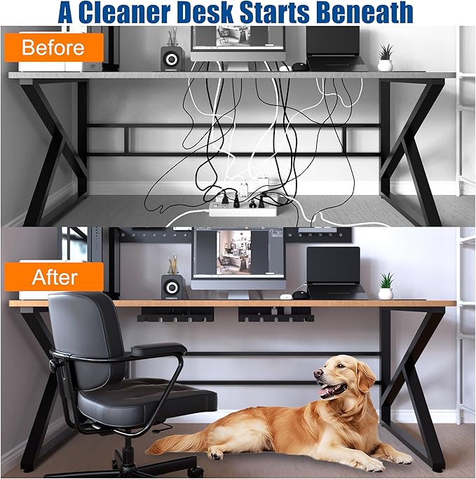 2 Pack Under Desk Cable Management Tray, Metal Wire Management Standing Desk Cord Organizer Power Strip Holder with Cable Ties and Clips for Home Office, Black