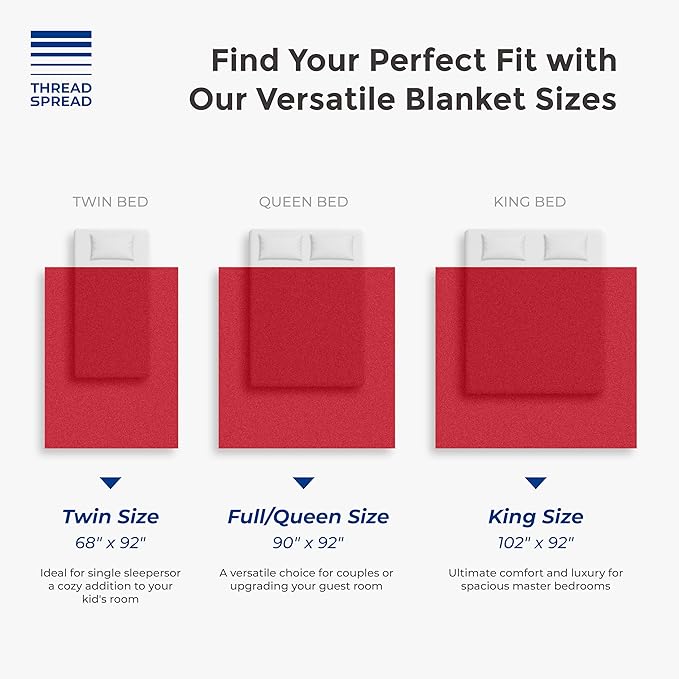THREAD SPREAD Organic GOTS Cotton Blanket, King/Cal King - 350GSM, Oversized Antistatic, Fuzzy Soft, Sofa, Camping & Travel, Luxurious Herringbone All-Season Throw, Red + Free Chic Tote Bag