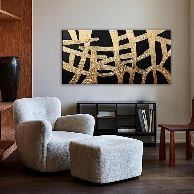 Abstract Wall Art Paintings Canvas Wall Art Decor Black And Gold Lines Artwork for Walls Texture Wall Decorations Modern Minimalist Wall Art Living Room Decor For Room Bedroom Office Wall Decor 24"X48"