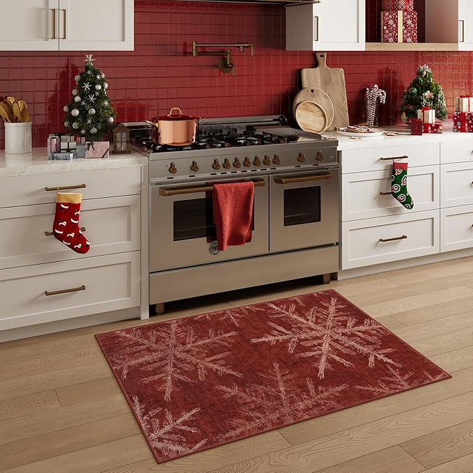Lahome Christmas Rugs Indoor Kitchen Rug, 2x3 Red Christmas Snowflake Door Mat Washable Non Slip Entryway Rugs, Soft Small Rug Holiday Decor Carpet for Entry Bathroom Bedroom(2x3ft,Red)