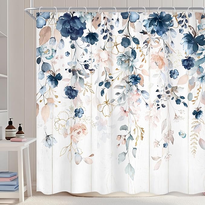 Rustic Floral Shower Curtain 72Wx72L Inch Spring Summer Blue Flower Pink Wildflower Plant Botanical Bathroom Set Boho Wooden Board Eucalyptus Leaf Bath Curtain Bathtub Accessories Home Decor