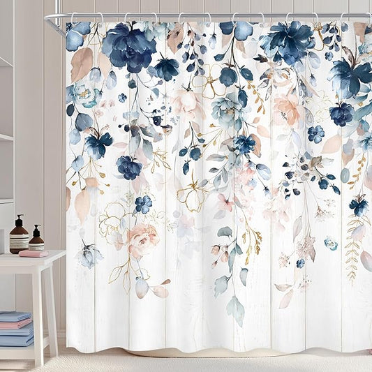 Rustic Floral Shower Curtain 72Wx72L Inch Spring Summer Blue Flower Pink Wildflower Plant Botanical Bathroom Set Boho Wooden Board Eucalyptus Leaf Bath Curtain Bathtub Accessories Home Decor