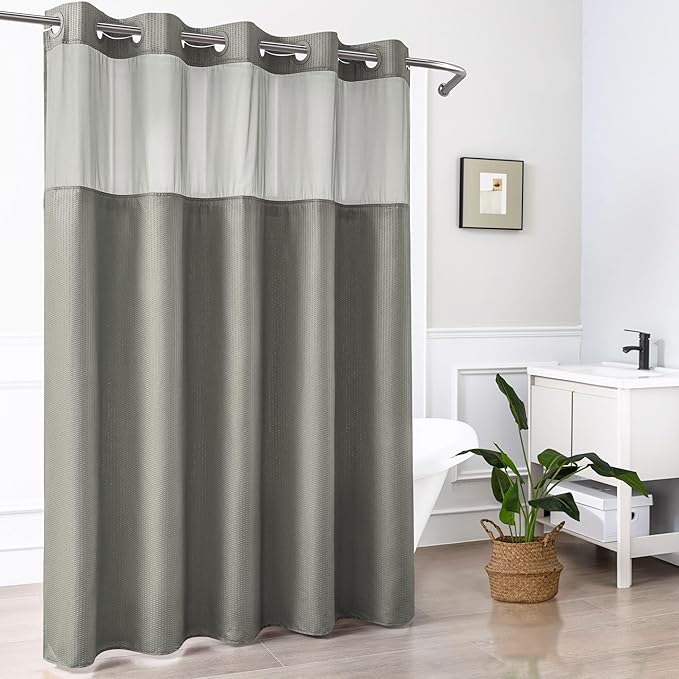 Mrs Awesome No Hook Shower Curtain with Snap-in LinerLess Time On/Off, Embossed Waffle-Look Textured Fabric Shower Curtain for Bathroom, Soft & Lightweight, 71x74, Gray
