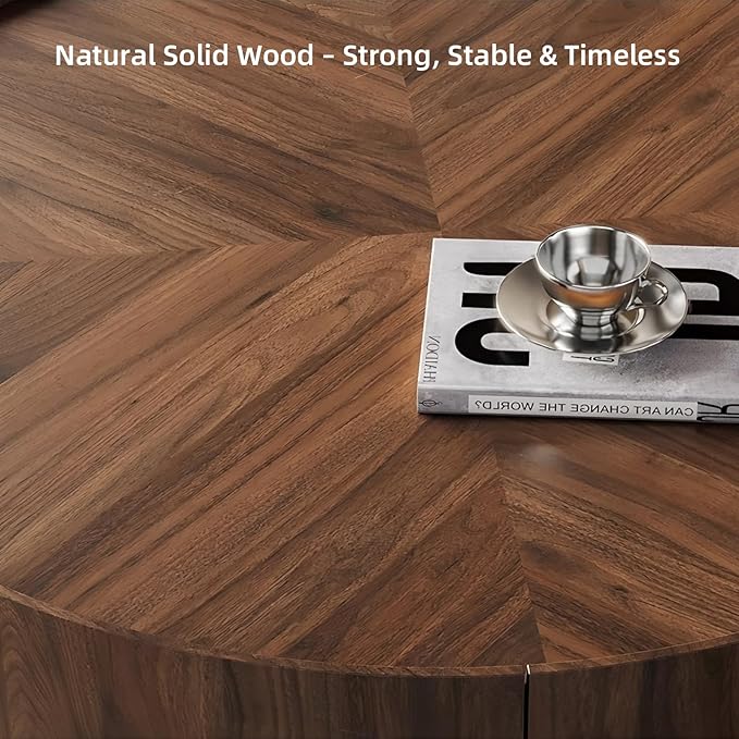 Luxury Solid Wood Coffee Table with Hidden Drawer, Fully Assembled Square Center Table for Living Room, Raised Edge Design, No Installation Needed, Premium Walnut Finish (39.37" Round Coffee Table)