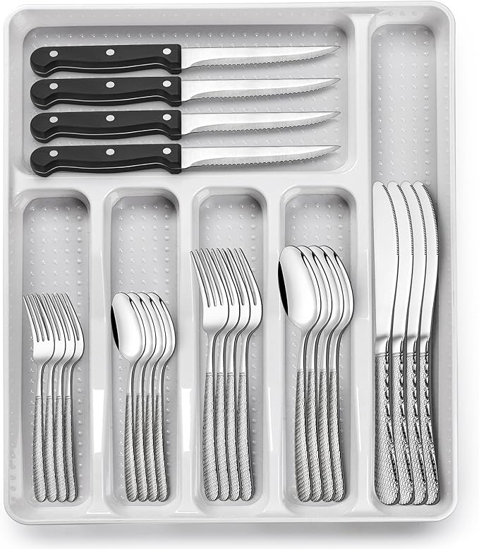 49-Piece Hammered Silverware Set with Organizer, Heavy Duty Stainless Steel Flatware for 8, Cutlery Utensil Sets with Steak Knives, Rust-proof, Mirror Polished, Dishwasher Safe