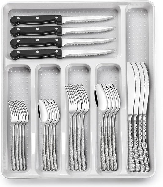 49-Piece Hammered Silverware Set with Organizer, Heavy Duty Stainless Steel Flatware for 8, Cutlery Utensil Sets with Steak Knives, Rust-proof, Mirror Polished, Dishwasher Safe