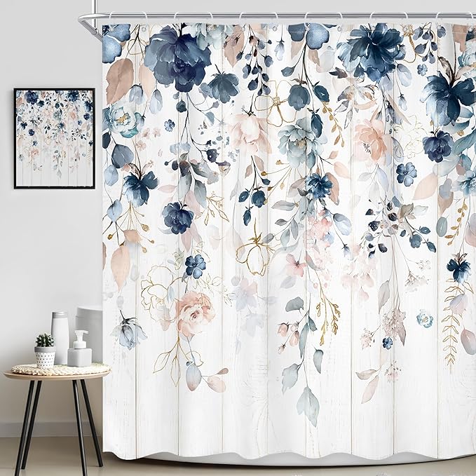 Rustic Floral Shower Curtain 72Wx72L Inch Spring Summer Blue Flower Pink Wildflower Plant Botanical Bathroom Set Boho Wooden Board Eucalyptus Leaf Bath Curtain Bathtub Accessories Home Decor