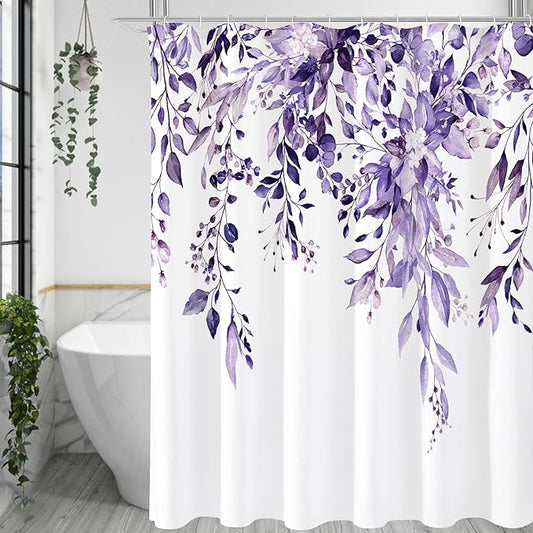 Gibelle Long Shower Curtain 72 x 78, Purple Floral Shower Curtain for Bathroom, Watercolor Plant Eucalyptus Leaves Fabric Shower Curtain Set with Hooks