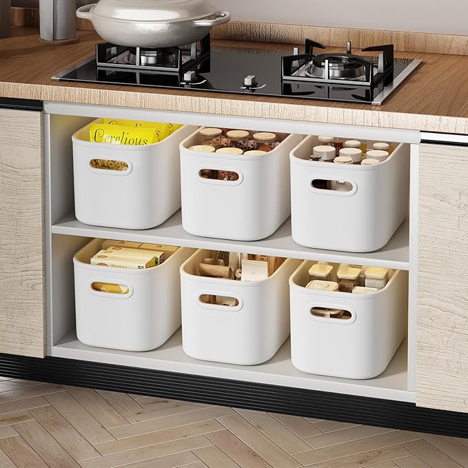 10 Pack White Plastic Storage Bins, Storage Container for Organizing, Storage Boxes with Handle for Shelves, Cute Organizer Bins for Craft, Snacks, Pantry, Cabinet, 9.69x6.7x5.7 inch