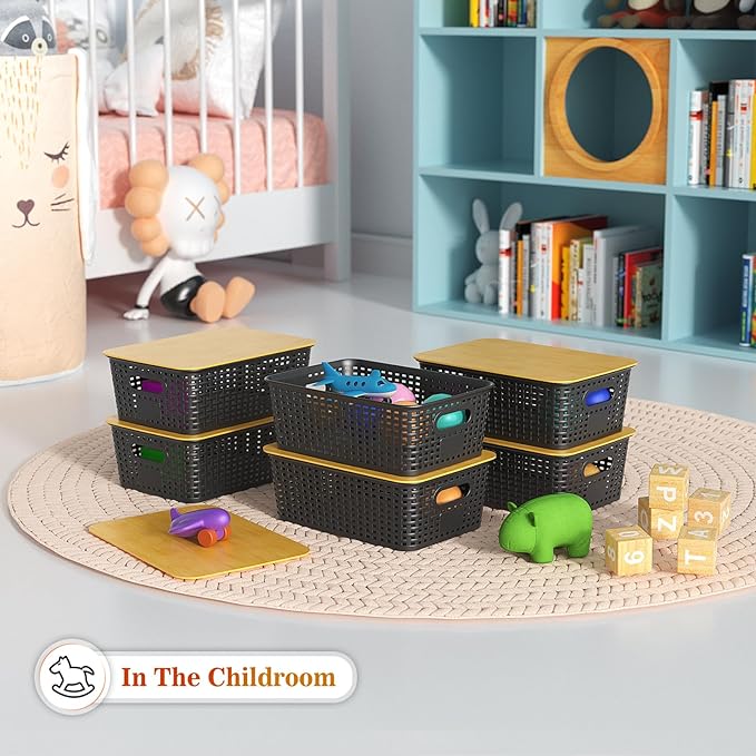 Plastic Storage Baskets With Bamboo Lid - Plastic Storage Containers Stackable Storage bins: Storage Baskets for Organizing Shelves Drawers Desktop Closet Playroom Classroom Office, 6 Pack