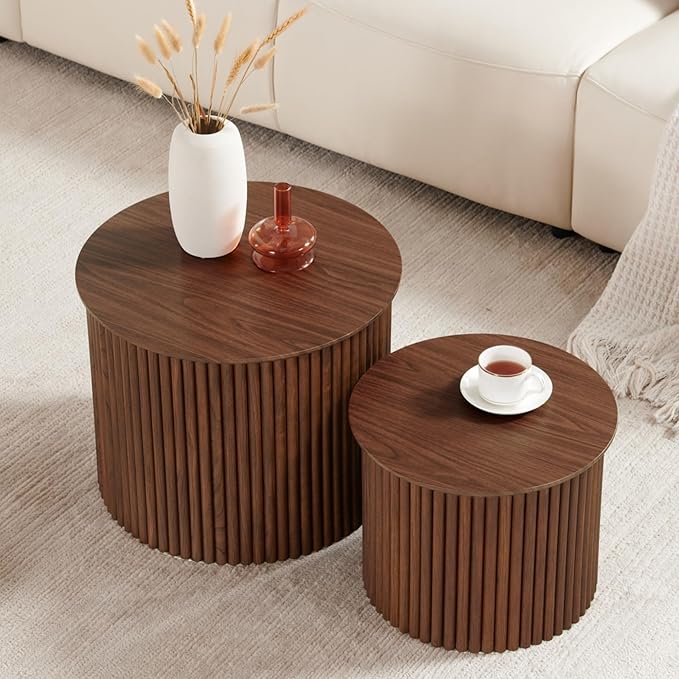 Small Fluted Round Nesting Coffee Table Set of 2, Mid Century Modern Coffee Table Circle Side Table, Wood Nesting Table Farmhouse End Tables Set for Living Room, Bedroom, Small Spaces(Walnut