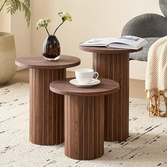 3-Piece Nesting Coffee Table Set, Modern Small Round Wood Side Tables, Fluted Drum Base, for Living Room Bedroom Apartment Small Space, Brown