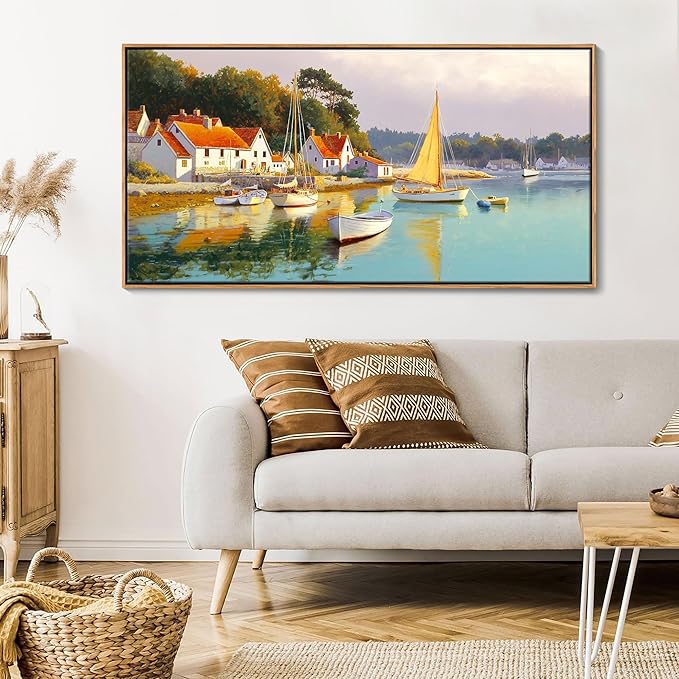 AJAZIKO Coastal Wall Art - Rustic Ocean & boat Canvas Art for Living Room & Bedroom Decor - Framed Landscape Artwork for Walls - Italian Farmhouse & Country Wall Decor Print Pictures20x40IN