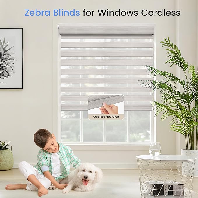 Grandekor No Drill Zebra Blinds for Windows,Cordless Zebra Shades Dual Layer, Pull Down Roller Shades Free-Stop,Custom Sizes,Silky Khaki,Easy to Install for Home, Office, Bedroom