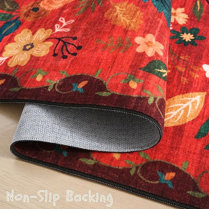 Rugcomf Runners for Hallways Kitchen Runner Rug Non Slip 2'x 10' Long Washable Rugs with Rubber Backing Soft Floral Carpet Runner for Hallways, Kitchen, Laundry, Bedroom, Bathroom(Red)
