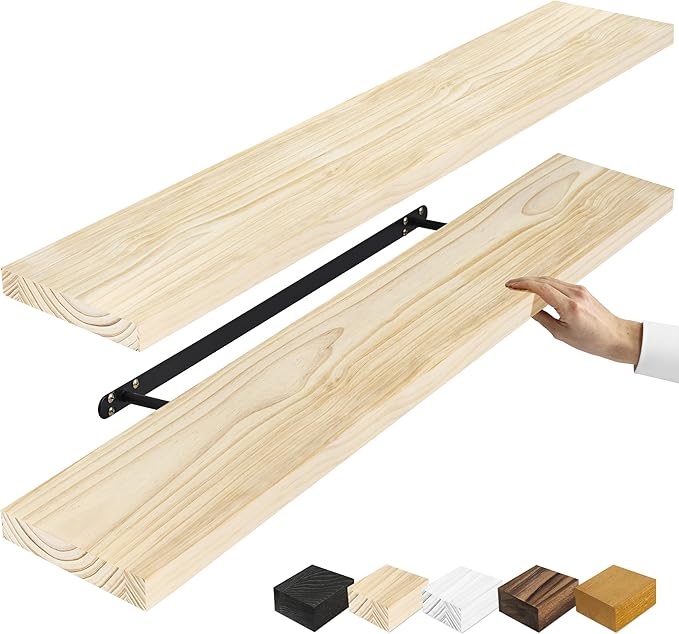 Sorbus Wood Floating Shelves for Wall - 35” Solid Wood Shelves for Bathroom Decor, Books, Bedroom & Living Room - Set of 2 Natural Wall Mounted Kitchen Shelves - Durable Solid Pine