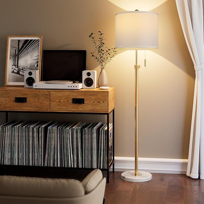 PARTPHONER Floor Lamp for Living Room, 66'' Adjustable Height Standing Lamp with Marble Base, 3-Color Tall Lamps with Pull Chain, Suitable for Bedroom, Reading, Office (Bulb Included, White Shade)