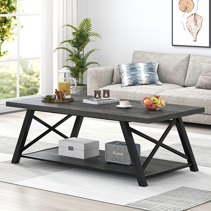 EXCEFUR Coffee Table, Industrial Wood and Metal Center Table for Living Room, Rectangle Cocktail Tea Table with Storage Shelf, Rustic Grey, 47 Inch