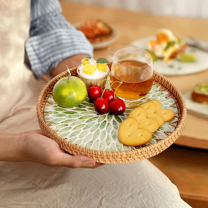 Round Rattan Tray with Mother of Pearl Inlay, Rattan Serving Tray for Coffee, Bread, Fruits, Decorative Wicker Tray for Table Decor, Home Decor, Kitchen Island Decor (Green Leaf, 11.8")