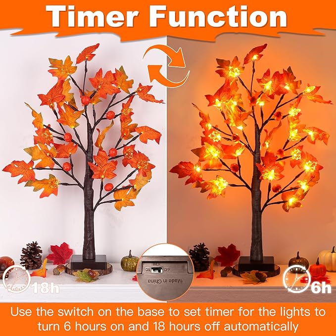 2Pack 24 Inch Prelit Maple Tree Fall Thanksgiving Decor with 48 LED Timer Battery Operated, Lighted 3D Acorn Maple Lampshade Pumpkin Artificial Tabletop Tree Thanksgiving Table Decorations Home Indoor