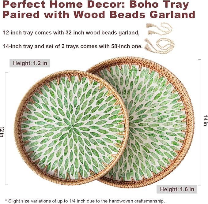 Set of 2 Round Rattan Tray Home Decor with Wood Bead Garland, Wicker Serving Tray with Mother of Pearl Inlay, Boho Decorative Tray for Coffee Table, Display, Ottoman, Kitchen Table (Green)