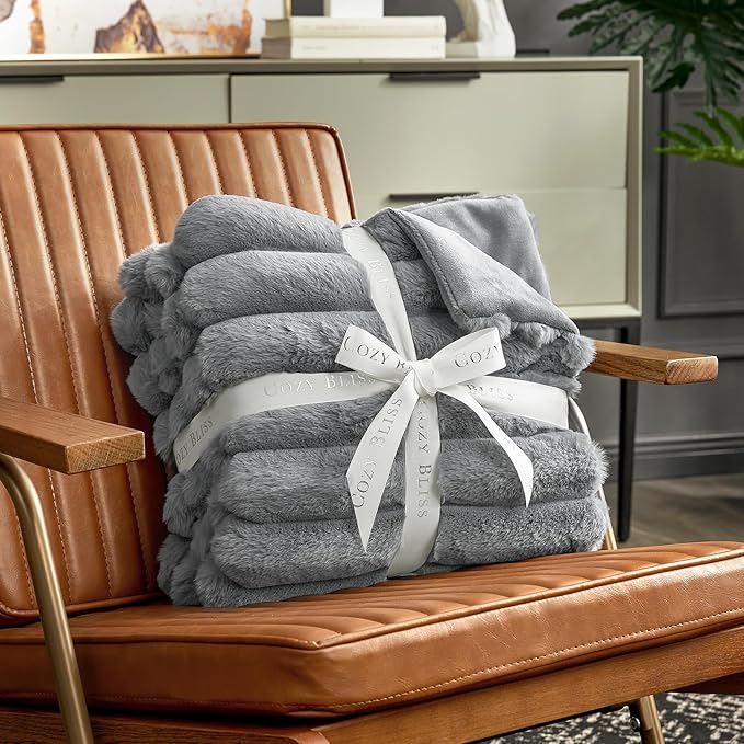 Cozy Bliss Faux Fur Throw Blanket for Couch, Cozy Warm Plush Striped Blanket for Sofa Bedroom Living Room, 50 * 60 Inches Gray