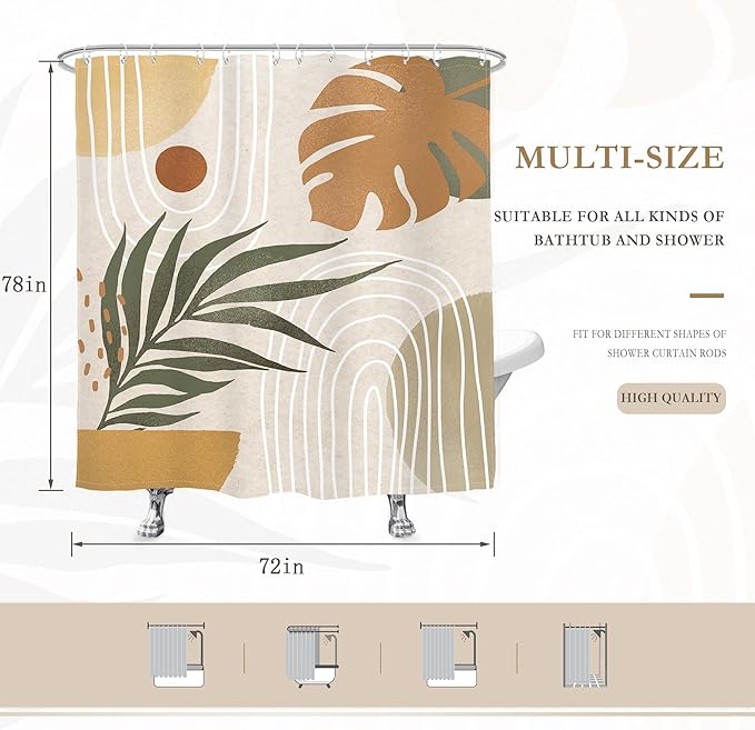 Glawry Beige Green Boho Shower Curtain Mid Century Abstract Plant Tropical Palm Leaf Minimalist Arch Geometric Bathroom Modern 72Wx78L Inches Bath Accessories Art Home Decor Fabric 12 Pack Hook