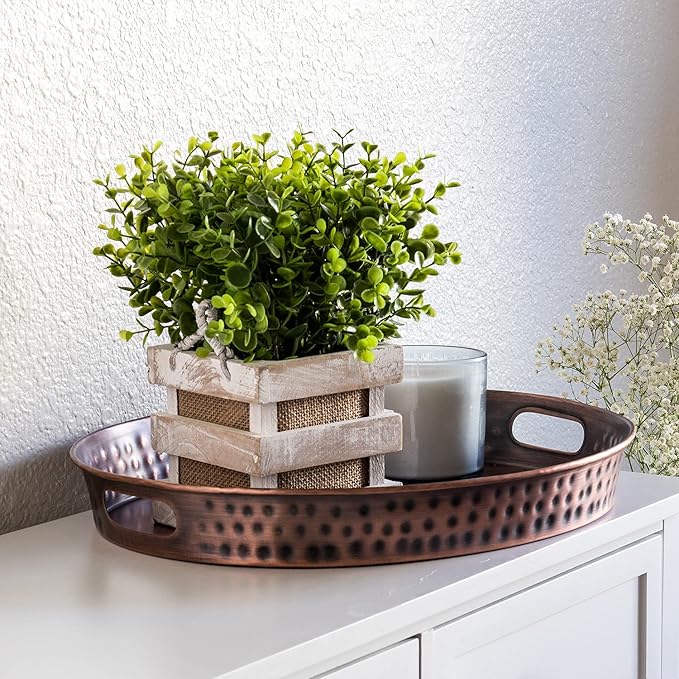 Monarch Abode Hand Hammered Metal Serving Tray with Handles, 17-Inch Antique Copper Finish– Oval Serving Platter, Large Serving Tray for Party, Fruit Platter, Dessert Trays, Serving Dishes