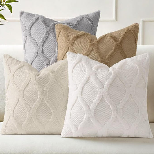 decorUhome Set of 4 Throw Pillow Covers 18x18 Inch, Neutral Decorative Soft Plush Faux Wool Couch Pillow Covers, Farmhouse Pillow Cases for Living Room Bed Sofa (Cream/Khaki)