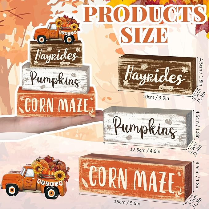 4 Pcs Fall Decor for Home Truck Pumpkin Wooden Signs with Sayings Autumn Thanksgiving Tiered Tray Decor Fall Hay Ride Tabletop Centerpiece Corn Maze Block Signs for Office Kitchen Shelf