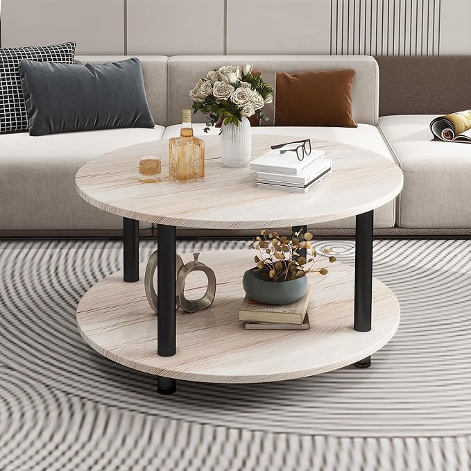 23.6" Round Coffee Table, 2-Tier Small Circle Coffee Table with Storage, Modern Center Accent Table with Metal Frame, Side Table End Table for Small Space, Living Room, Office, Teak Oak