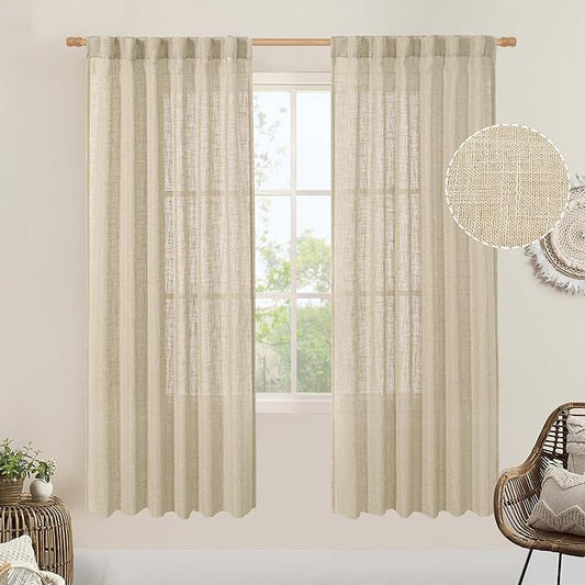LAMIT Light Filtering Linen Curtains 78 inches Long for Bedroom, Faux Linen Textured Semi Sheer Back Tab and Rod Pocket Boho Modern Drapes for Living Room/Farmhouse, Linen, 2 Panels, 52 x 78 Inch