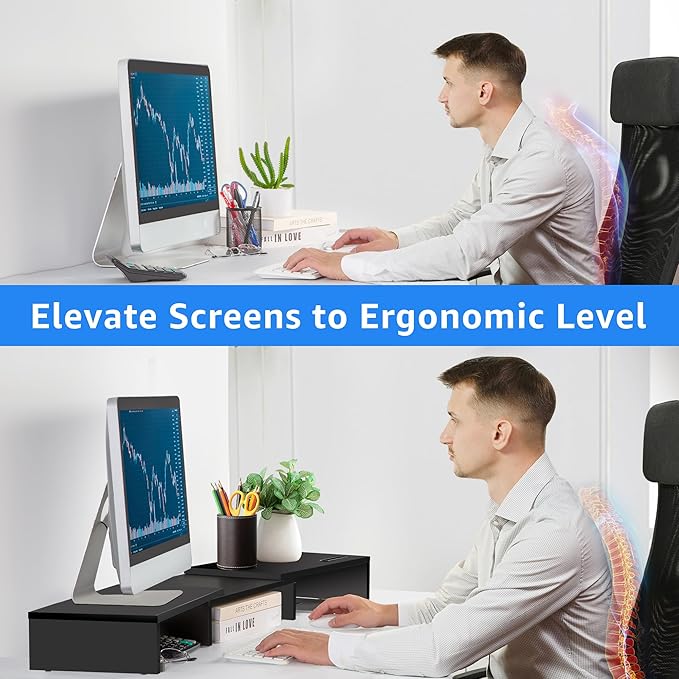 Dual Monitor Stand Riser for 2 Monitors, Monitor Stand for Desk, Adjustable Length & Swivel Angle Wooden Desktop Organizer Stand Riser with Smartphone Holder for PC Monitor Laptop, Black