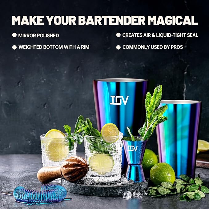 IOV Boston Cocktail Shaker Bar Set, Bartender Kit Drink Mixer Set with 18 oz & 28 oz Boston Shakers, Hawthorne Strainer, Double Jigger, Bar Tool Kit and Recipe Booklet - Rainbow