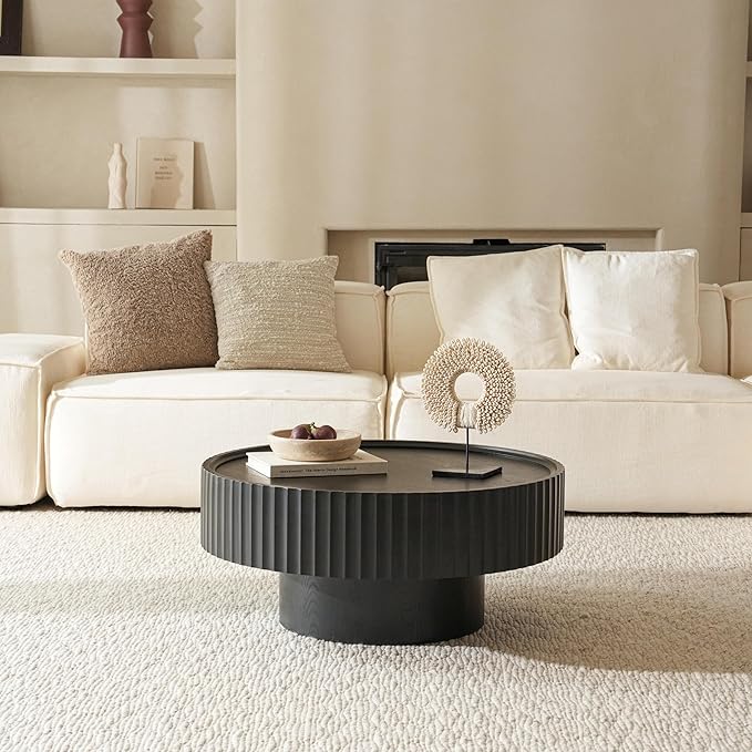 Round Coffee Table, Modern Living Room Tables with Mushroom Shape and Grooved Design, Large Coffee Tables, Circle Pinewood Center Table for Living Room, Apartment (Black, 30.3''L×13.7''H)