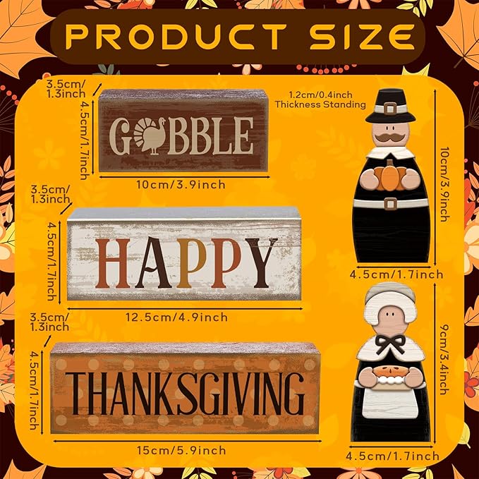 4 Pcs Fall Decoration for Home Wooden Pilgrim Couple Thanksgiving Tiered Tray Decor Fall Centerpiece Rustic Decorative Pilgrim Block Sign Gift Farmhouse Autumn Table Decor for Home Kitchen