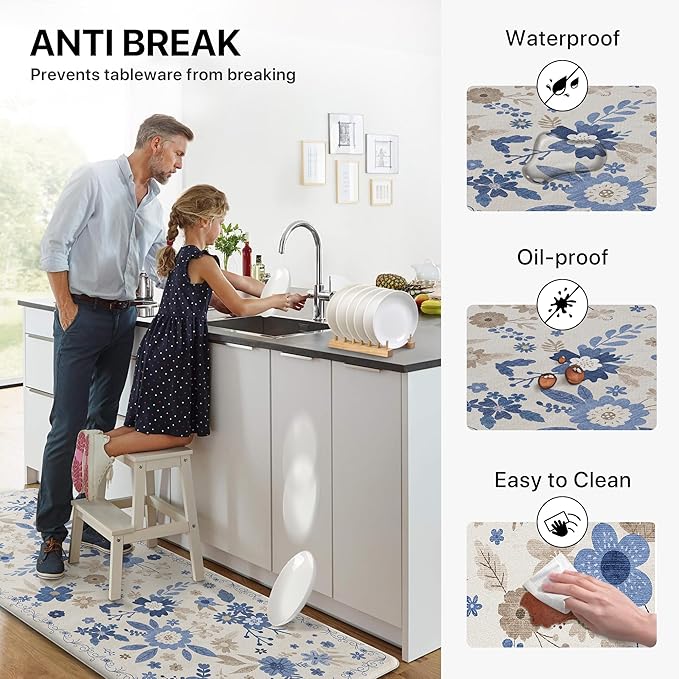 GENIMO Kitchen Mats for Floor 2PCS, Cushioned Kitchen Rugs Non Slip Washable, Farmhouse Anti Fatigue Mat Waterproof, Comfort Standing Mat Rug for Office, Home, Laundry, 17.3"x47"+17.3"x30", Beige&Blue