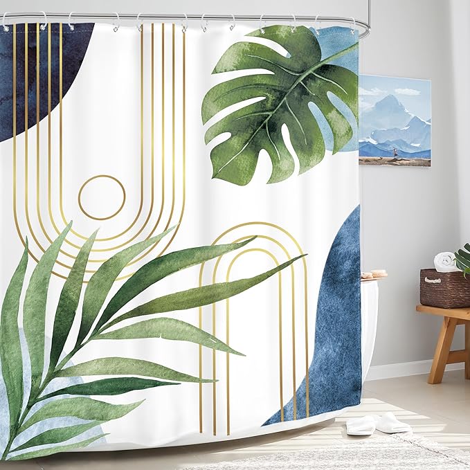 Glawry Boho Blue Green Shower Curtain Mid Century Abstract Tropical Palm Leaf Modern Minimalist Plant Botanical Bathroom Geometric 60Wx72L Inches Bath Accessories Art Home Decor Fabric 12 Pack Hooks